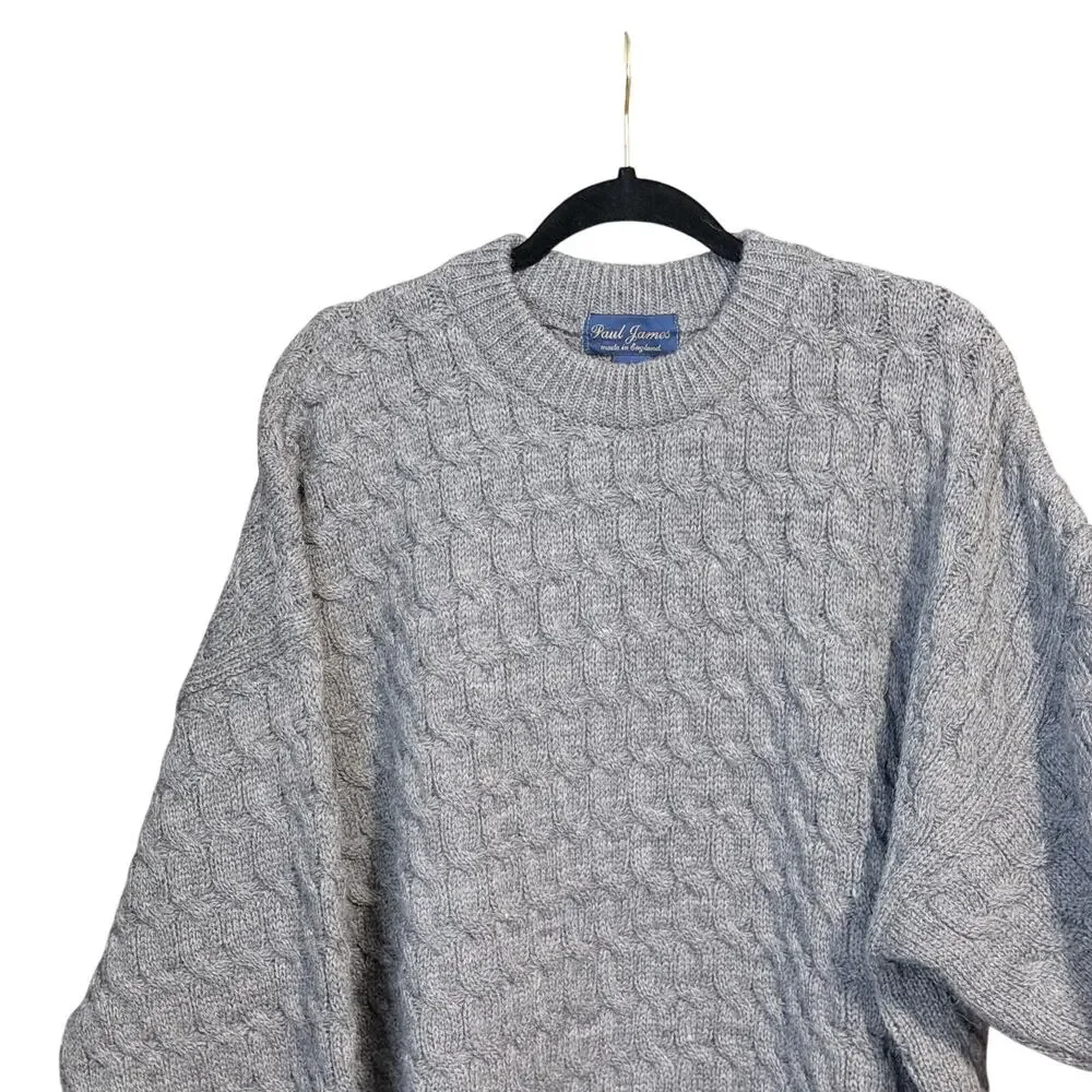 Vintage Paul James gray 100% wool men’s sweater XL England cable knit grandpa